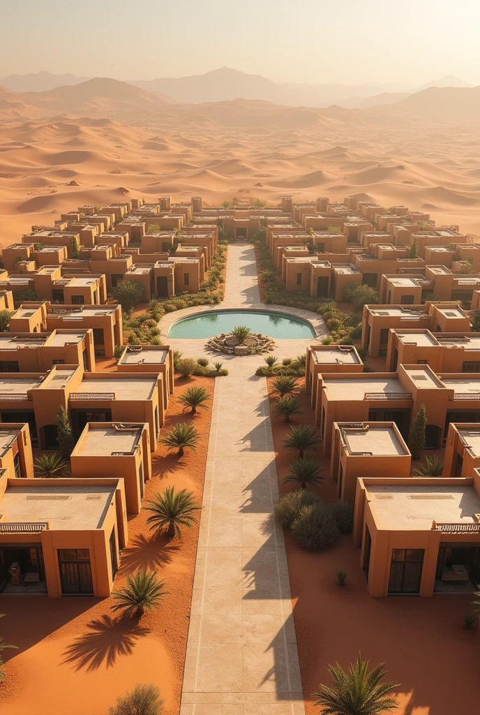 So big desert traditional resort with hundreds of villas in it with plain sitting area in the center of the resort with two side road view from the out side of the resort more villas in it