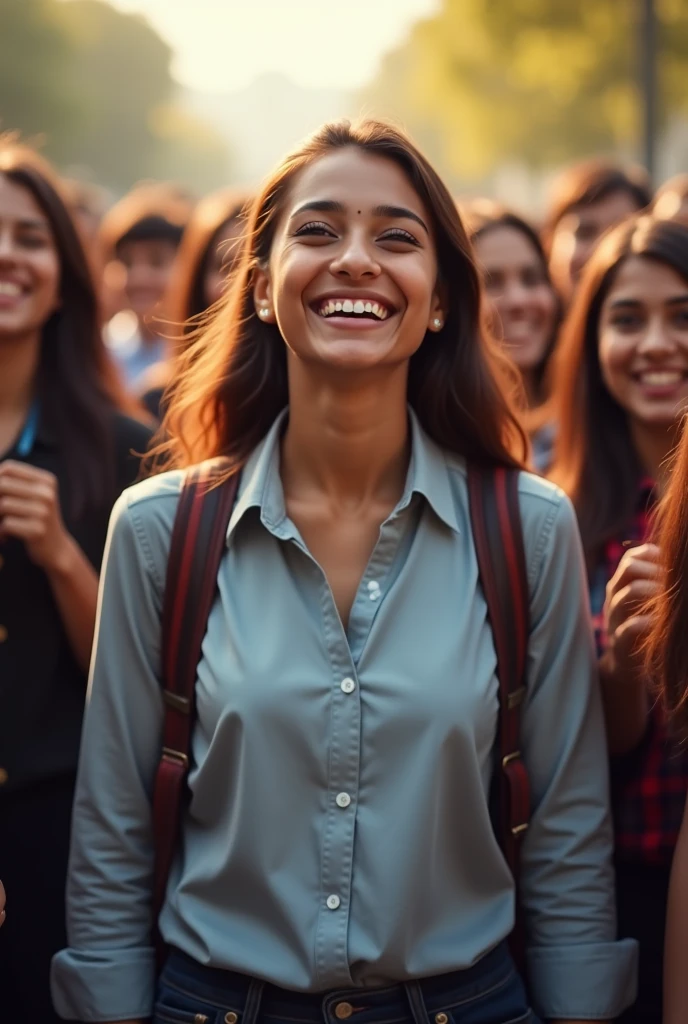 Create an image of a very good looking boy of 22 years old real indian girl feeling very much happiness after cracking IAS exam he is wearing shootins shirtings and there are many boys and girls in the background 
