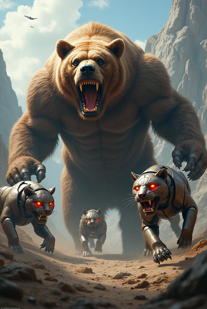 Muscular bear fighting robot tigers 