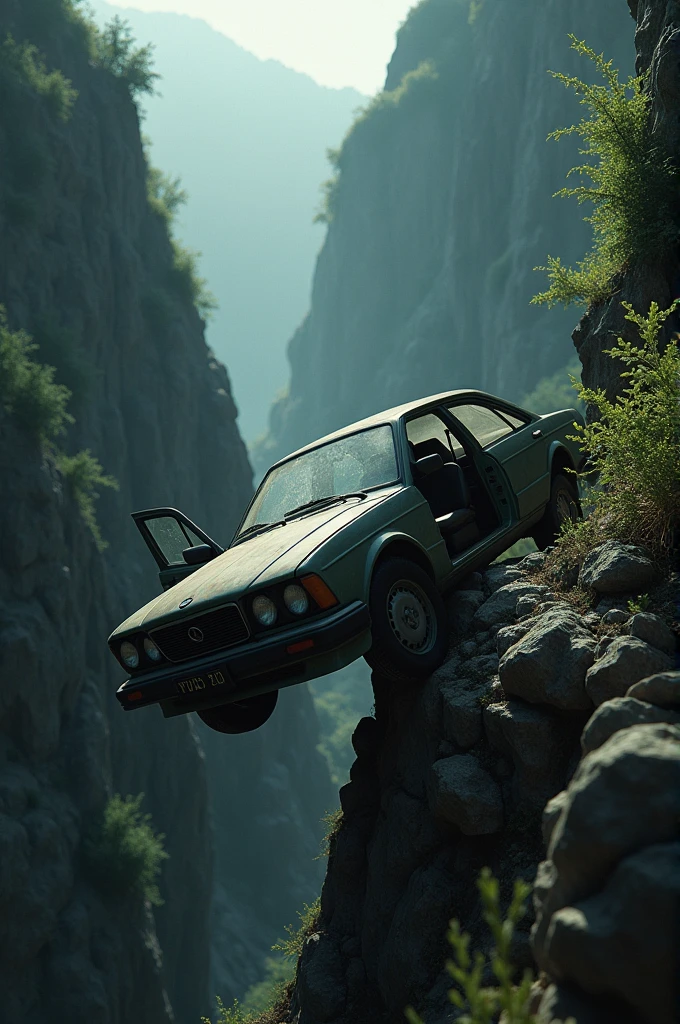 Help me with an image of a car with open doors in perspective in a ravine