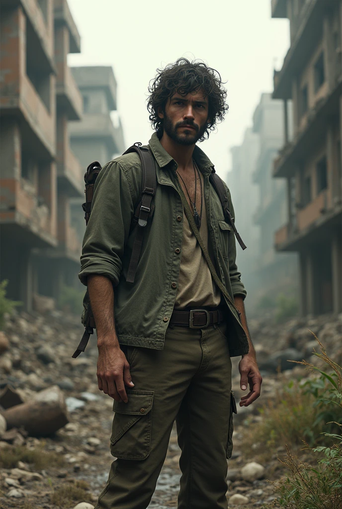 Create a casual white man with black curly hair in an apocalyptic world