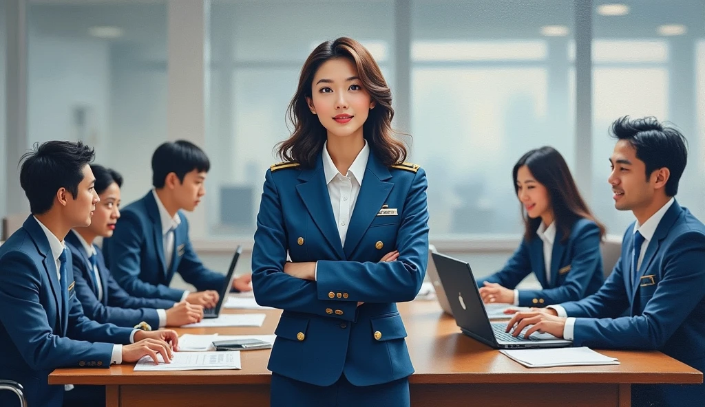 A stunning oil painting of a scene beautifully portraying, In a bustling government office, a young beautiful Korean woman, newly appointed as a government officer, in her crisp official uniform. Surrounded by her colleagues, she engages in discussion, her expression a blend of enthusiasm and determination. Her uniform, neatly pressed and adorned with insignia, symbolizes her new role. The office environment is busy, with papers and computers scattered across desks, highlighting the dynamic and professional atmosphere as she integrates into her new position. The painting exhibits a dream-like, impressionistic style, with visible brushstrokes that create a sense of depth and texture. The color palette primarily consists of light blue, greys, and blacks, evoking a enthusiastic atmosphere. wide shot view. talking to her colleagues