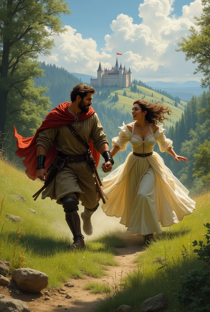 a high medieval southeast unarmored normal guy saving princess holding hands looking at each other while running away