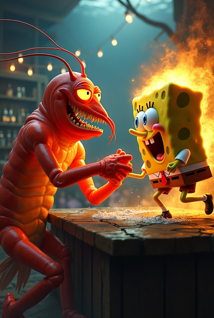 Create a flaming shrimp by arm wrestling with SpongeBob 
