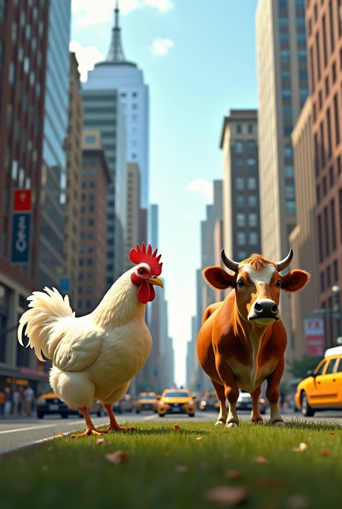 Create an image with a New York background where there is a chicken and a cow..