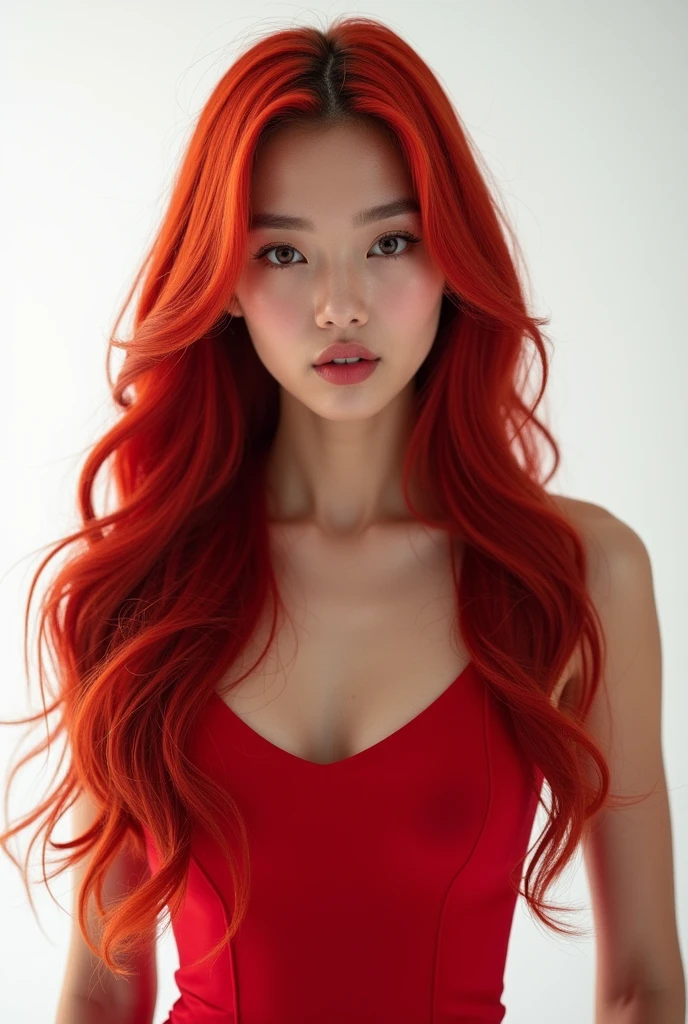 ningning with a white background behind her, a proud look and long red hair