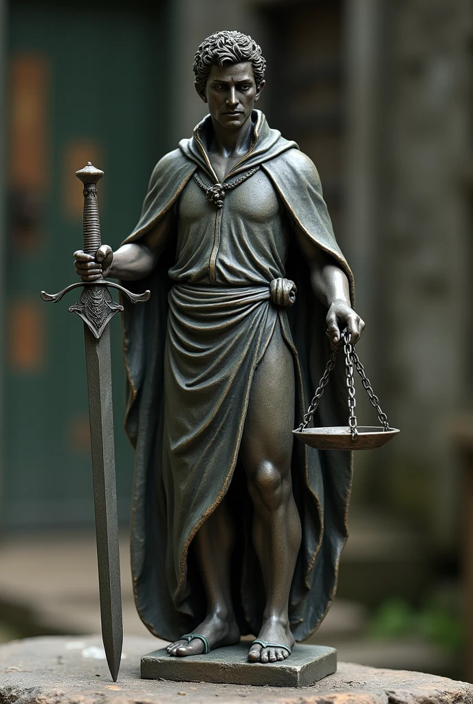 A small male figure statue With open eyes and a 2-pan scale Unbalanced is a tarnished sword