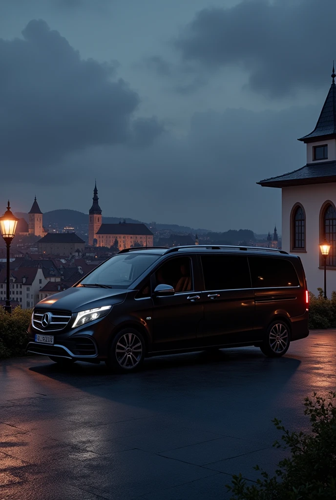 Create a picture of a Mercedes V-Class with tinted windows, Regensburg can be seen in the background. it is dark.