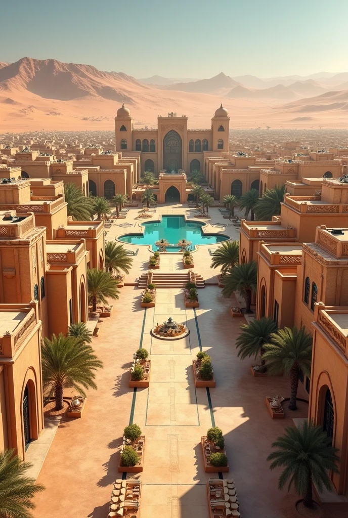 So big desert traditional resort with hundreds of villas in it with plain sitting area in the center of the resort with two side road view from the out side of the resort more villas in it with out side look also