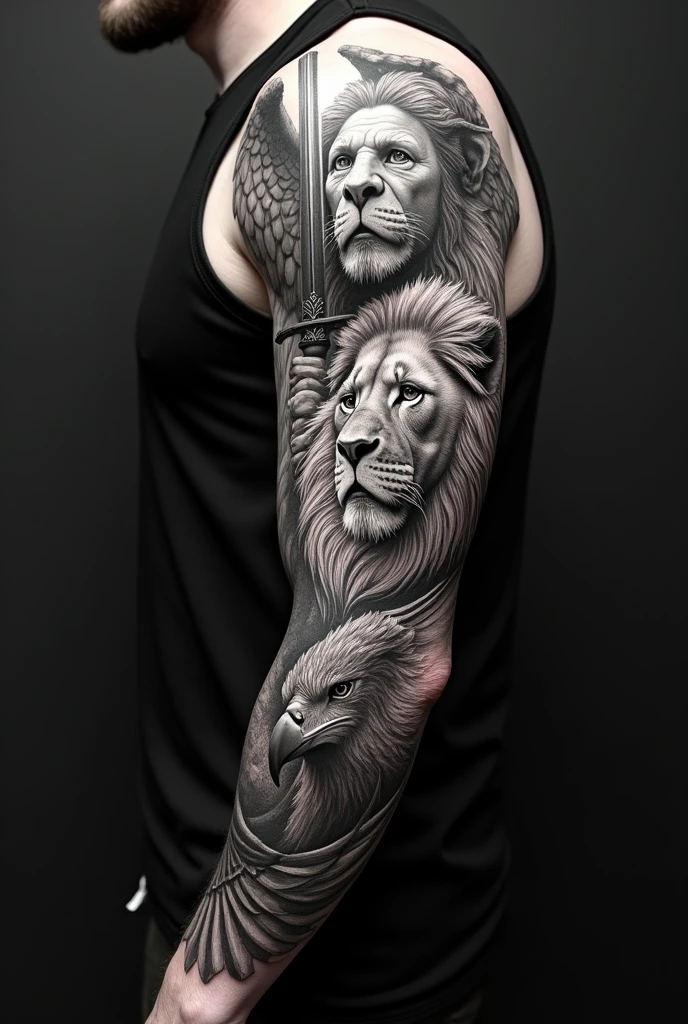 Create an image, a masterpiece of body art, covering the entire arm in a realistic black and gray style, exuding masculinity, strength, and beauty in every detail. on the shoulder, a powerful angel, with strong features and piercing gaze, carries a shining sword, symbol of protection and justice. Her wings, worked in detail, extend with majesty, each feather outlined with precision, transmitting both lightness and grandeur.
Going down the biceps, the face of a lion appears with a fierce and determined expression. Their eyes, sculpted with intensity, seem to observe everything with unshakable authority. A juba dThe lion é rica em detalhes, almost palpable, cada fio de cabelo transmitindo a strength selvagem e a realeza desse animal, considered the king of the jungle.
on the forearm, a majestic eagle descends in mid-flight, with wings wide open, capturing the exact moment of a dive. Its sharp claws are ready to capture its prey, representing the accuracy, the focus and freedom. The eagle's feathers, sculpted with an impeccable shading technique, refletem a luz, giving an illusion of movement and depth.
Each element of the tattoo connects harmoniously, criando uma narrativa de strength, courage, and sovereignty. O anjo, The lion, and the eagle are intertwined by shadows and textures that merge, bringing cohesion to the composition, while maintaining the identity and individual impact of each symbol. It is an intense and expressive work, projetada para um homem que carrega em si a essência da strength e da beleza em sua forma mais pura.