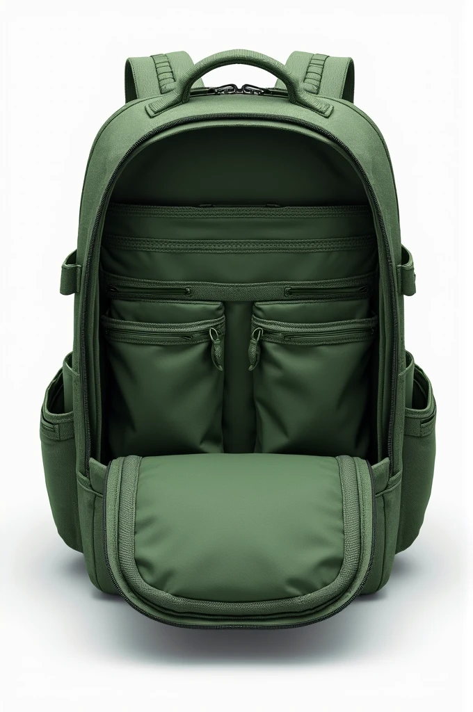 Interior of a green edged backpack with compartments