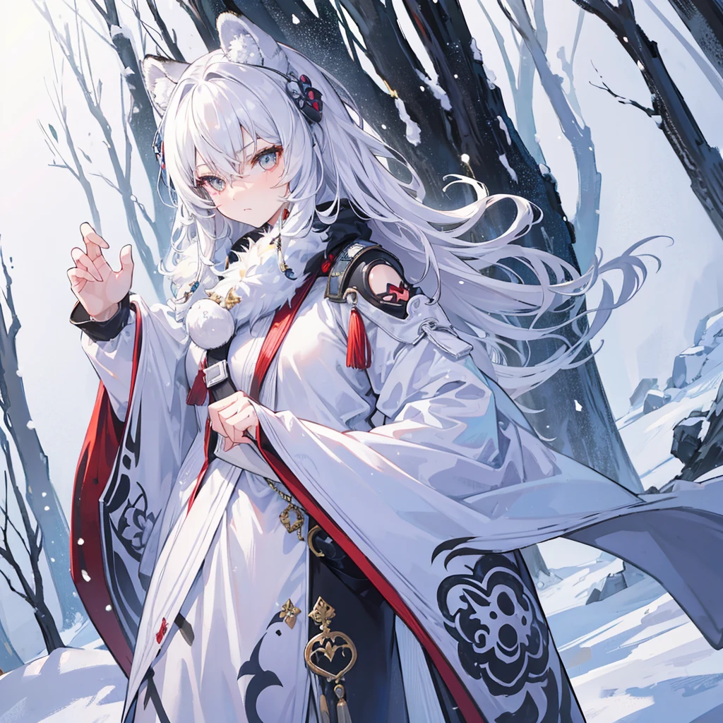 1 female, snow leopard demihuman, pretty, adult female, fluffy ears, narrow eyes, cold stare, fluffy tail, snow leopard ears and tail, human body, silver eyes, curly messy white hair, inside a snowy forest background, a anime artstyle, detailed, wearing regular clothes, semi-realism, adult female, HD, soft colors, unique posing, dynamic camera angle, dynamic.