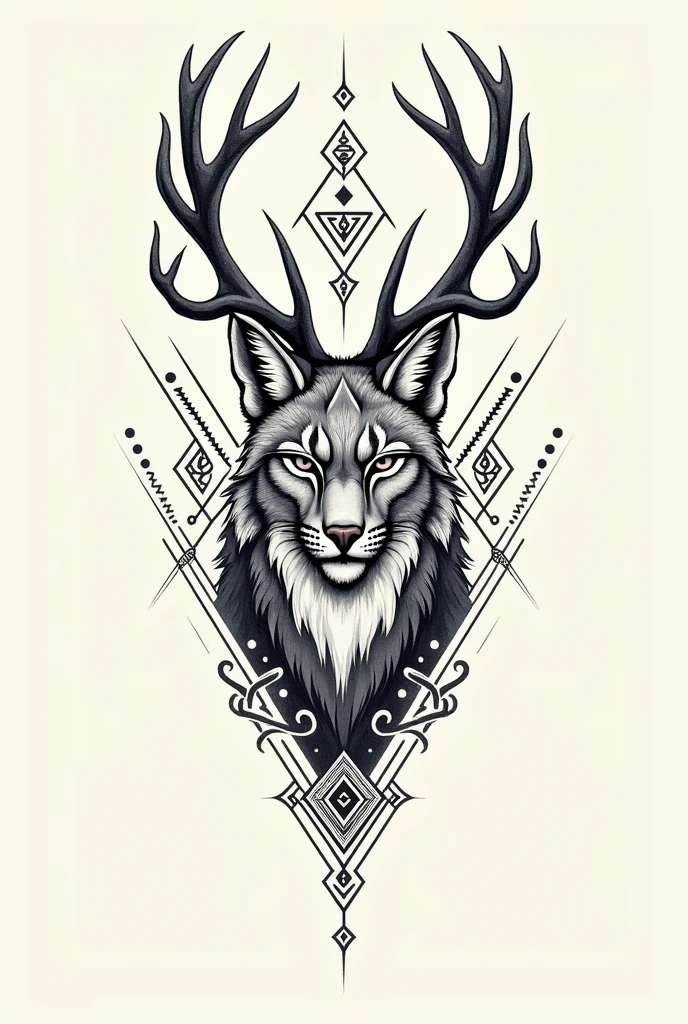 Could you create a sketch of a tattoo with just lines for the forearm of a lynx with deer antlers??, also with Nordic symbols