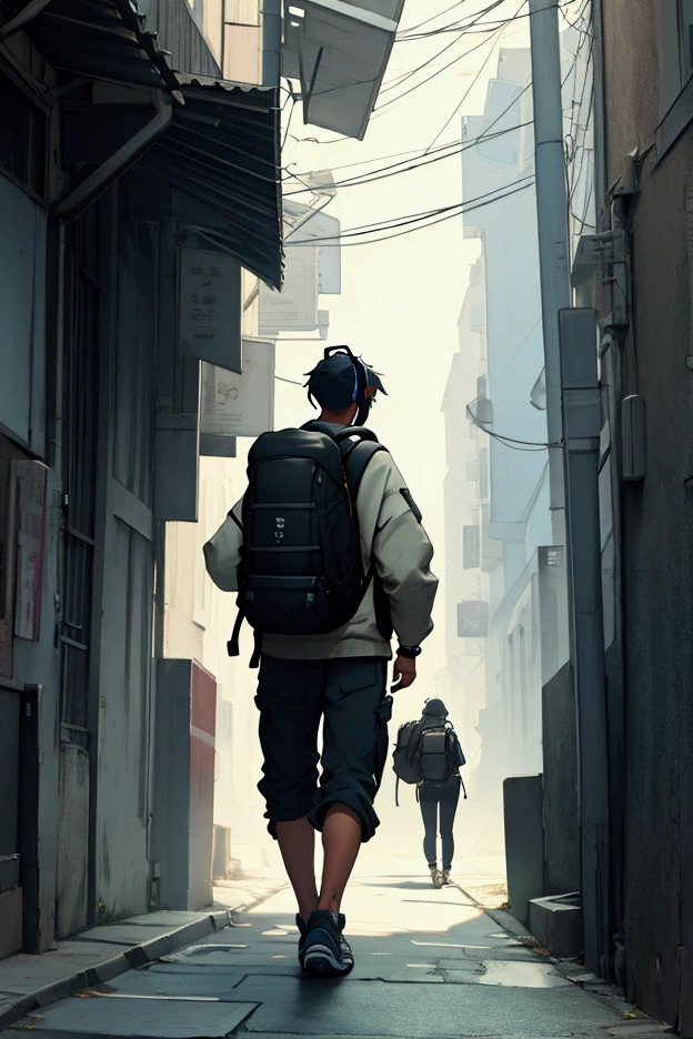 walking down the street with headphones on, backpack on the back and in front