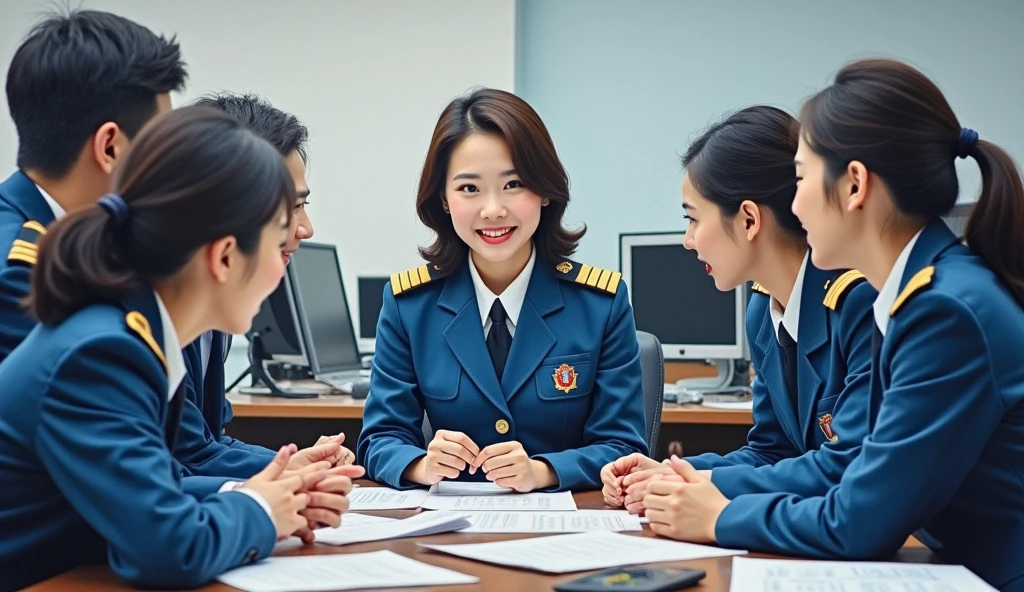 A stunning oil painting of a scene beautifully portraying, In a bustling government office, a young beautiful Korean woman, newly appointed as a government officer, in her crisp official uniform. Surrounded by her colleagues, she engages in discussion, her expression a blend of enthusiasm and determination. Her uniform, neatly pressed and adorned with insignia, symbolizes her new role. The office environment is busy, with papers and computers scattered across desks, highlighting the dynamic and professional atmosphere as she integrates into her new position. The painting exhibits a dream-like, impressionistic style, with visible brushstrokes that create a sense of depth and texture. The color palette primarily consists of light blue, greys, and blacks, evoking a enthusiastic atmosphere. wide shot view. talking to her colleagues