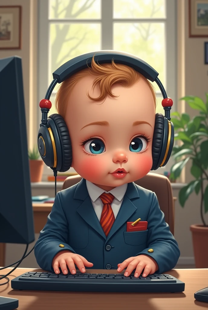 Drawing of a baby dressed as a programmer with headphones on his side using the computer