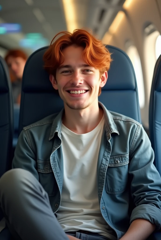 Young red-haired man with straight hair sitting in an airplane chair posing and smiling friendly