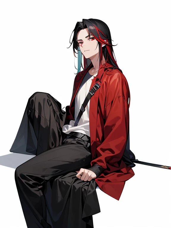 the man is sitting in front of a black background with a sword next to him, weapon, sword, solo, 1boy, red hair, black hair, male focus, red eyes, white background, simple background, holding weapon, sitting, multicolored hair, holding, long sleeves, holding sword