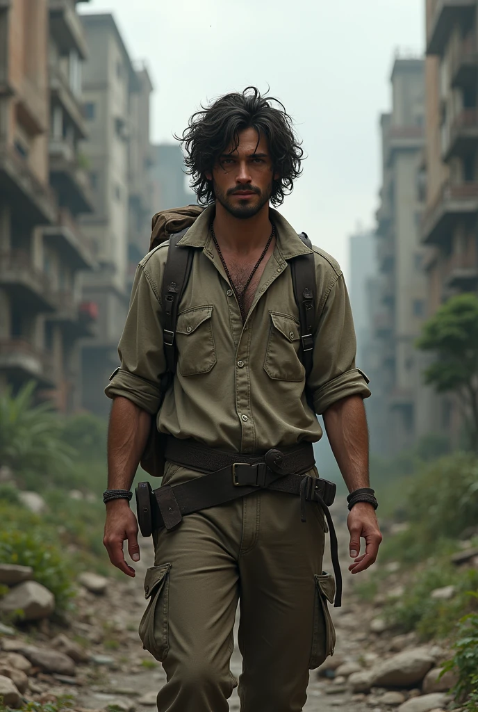 Create a casual white man with black curly hair in an apocalyptic world