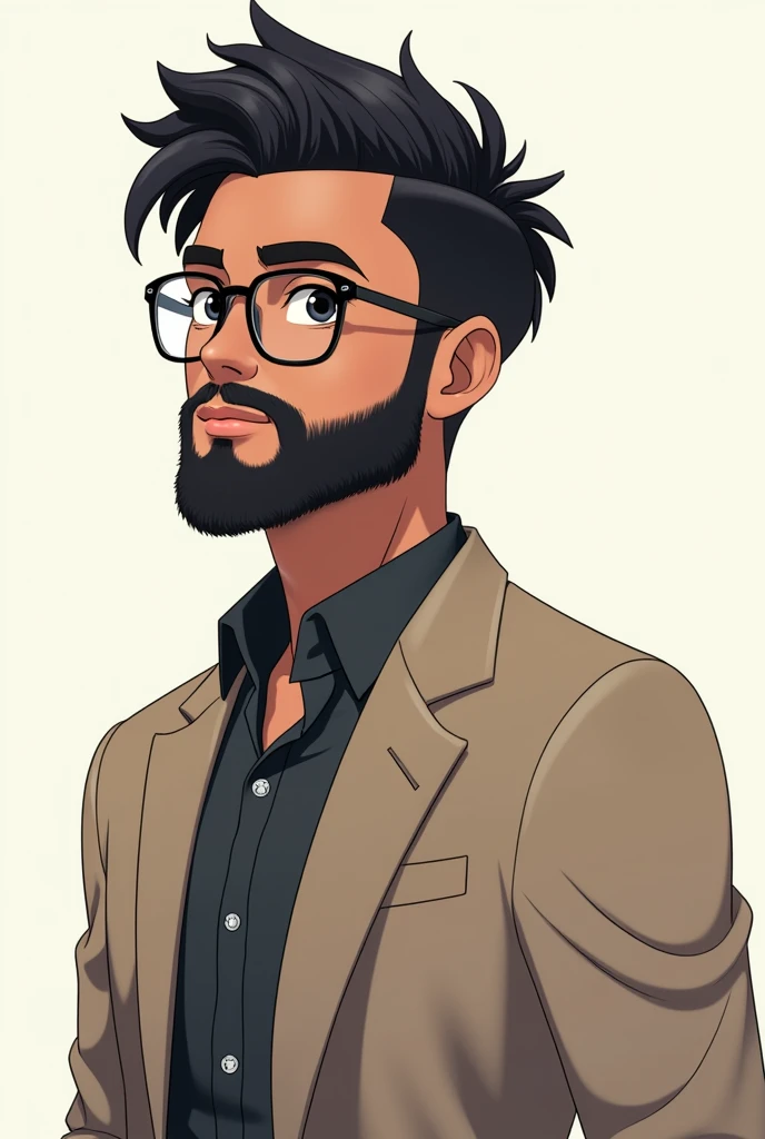 "Create an anime-style character design of a young man named Caio. He stands at 1.80m tall with an athletic but average build. His skin is a warm medium brown tone. He has short, neatly styled black hair combed to the side in a classic, professional look. Caio wears black, rectangular glasses with a modern, subtle frame. His face is framed by a well-groomed, full beard that complements his sharp, anime-style facial features. The character design should emphasize clean lines and a slightly exaggerated anime aesthetic, with a focus on capturing his unique look."