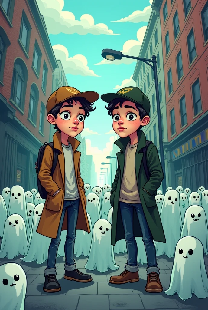 Cartoonize Young guys Peter and parker two dead detectives stand in street and lot of souls around them