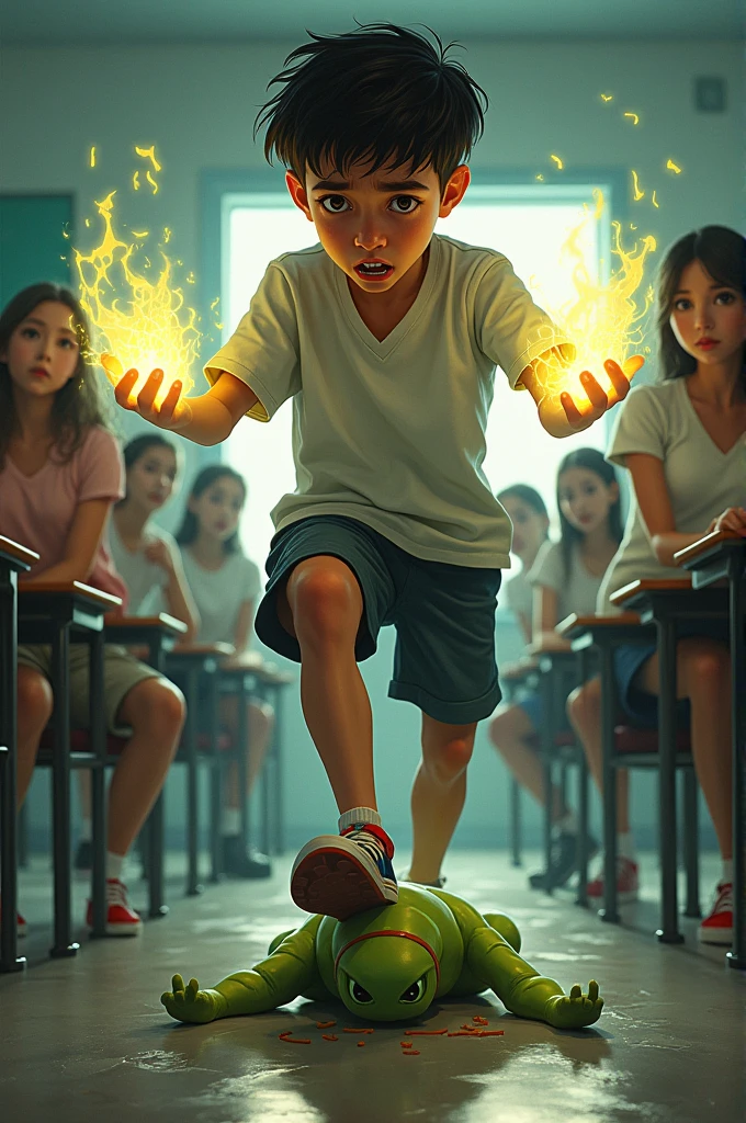 Visualize a scene where a boy is seated in a classroom surrounded by several girls. The boy has glowing, magical energy radiating from both his hands. His face shows stress, with his mouth slightly open as if in tension. Under his foot, he is holding down an alien, as if restraining it. The atmosphere blends fantasy and a tense situation with curious onlookers."