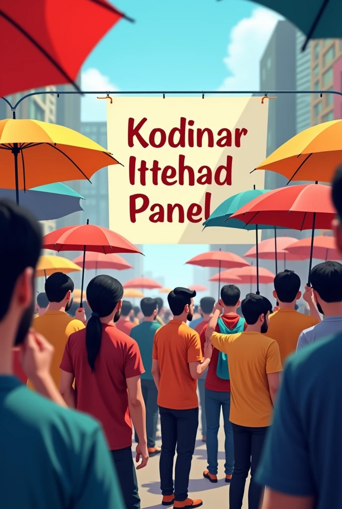 Kodinar ittehad panel  written on banner with asian male crowd with umbrellas showing online business 