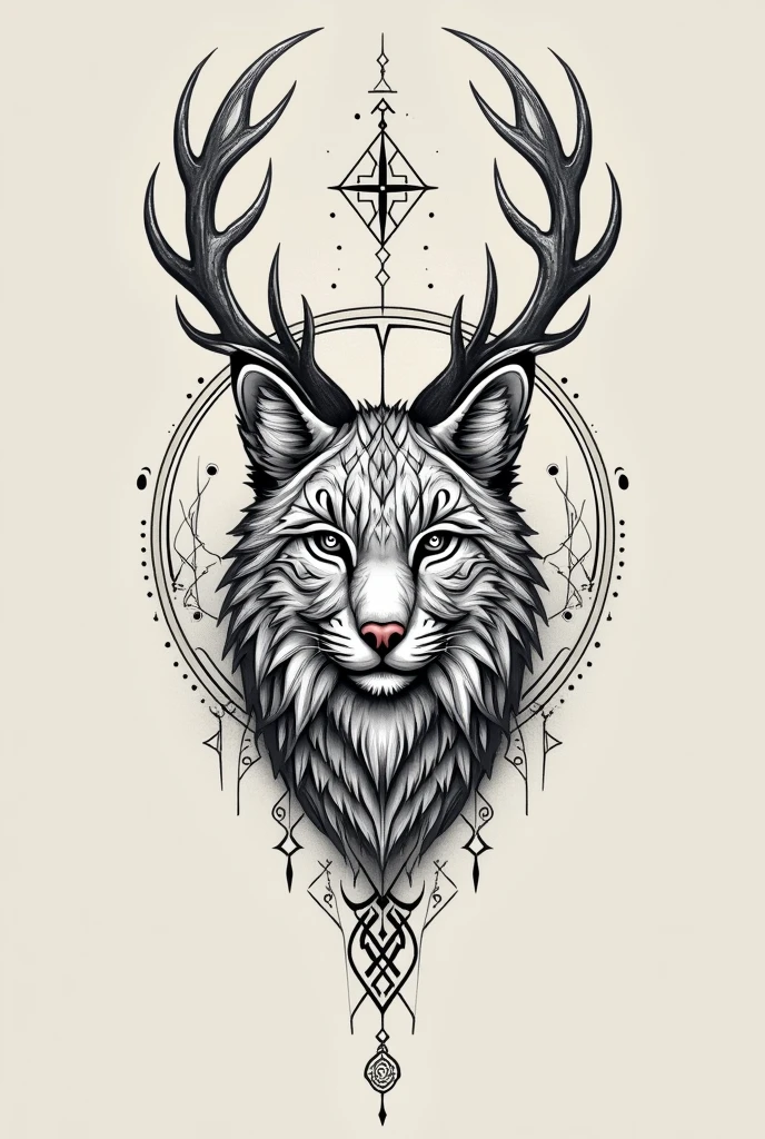 Could you create a sketch of a tattoo with just lines for the forearm of a lynx with deer antlers??, also with Nordic symbols