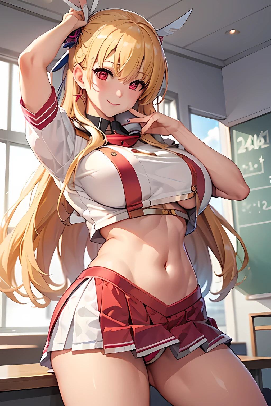 masterpiece, mischievous smile, alisa reinford, white cheerleader uniform, huge breasts, detailed classroom in the background, underboob, red eyes, navel, red thong