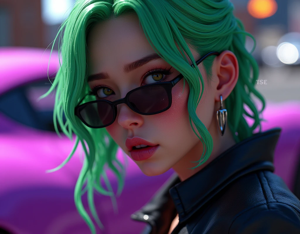 a close up of a person with green hair and sunglasses, style of gta v, as a character from gtav, gta5 style, gta v style, gta character, jerma985 as the joker, as the protagonist of gta 5, gta 6 style, ! split hair dye!, gta v character, gta 5 skin tone, gta v street style the sports car in back ground which color is purple  and half body pic 
