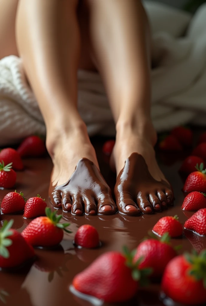 Woman's feet covered in chocolate and strawberries