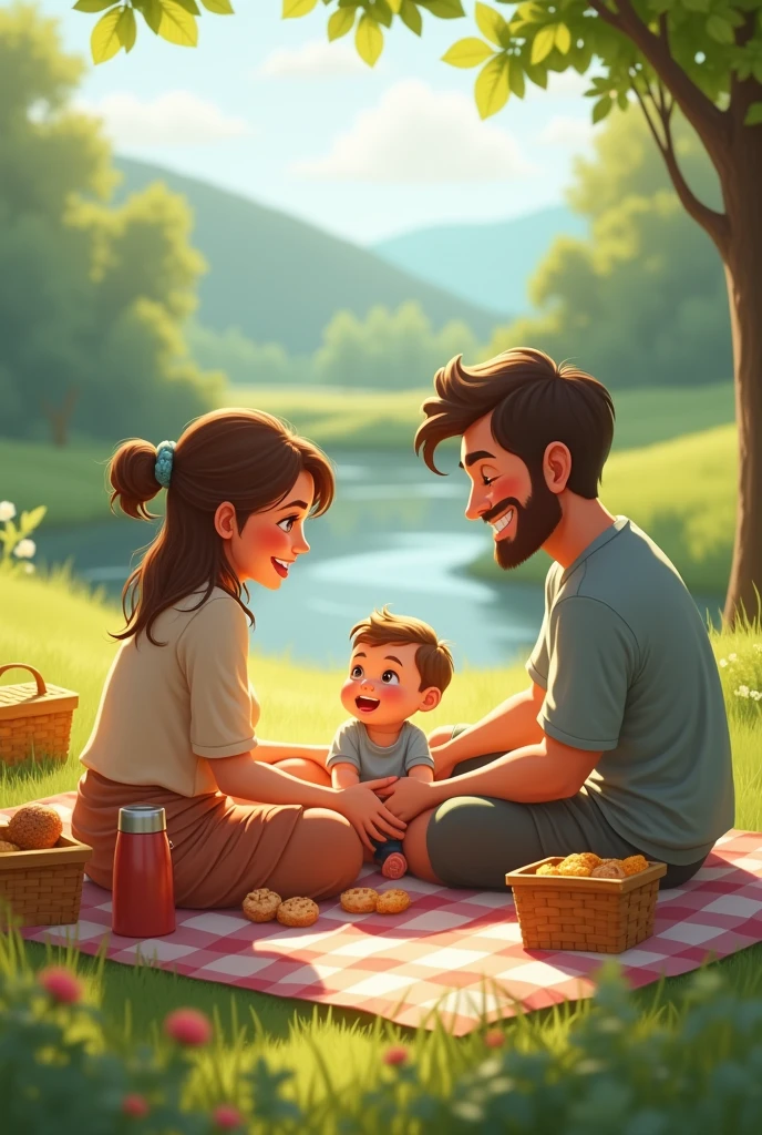 A happy family, husband wife a  and a baby boy in natural picnic scenario 