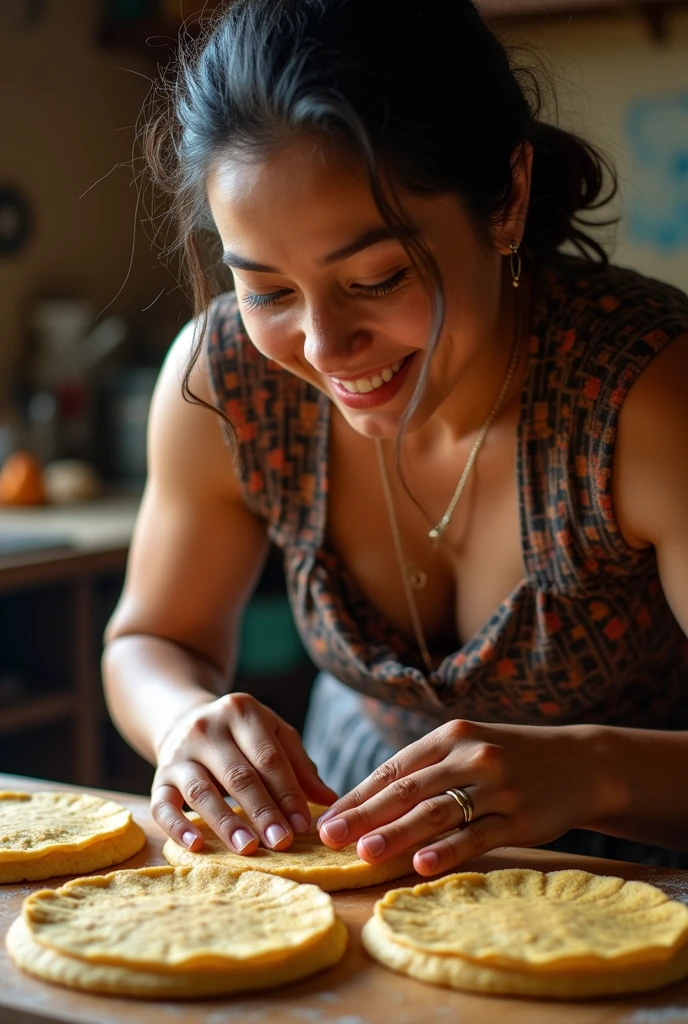 Woman preparing tortillas by hand, the succulent and delicious tortilla , with the text "HANDMADE DOUGH AND TORTILLAS" in capital letters and in bright color 