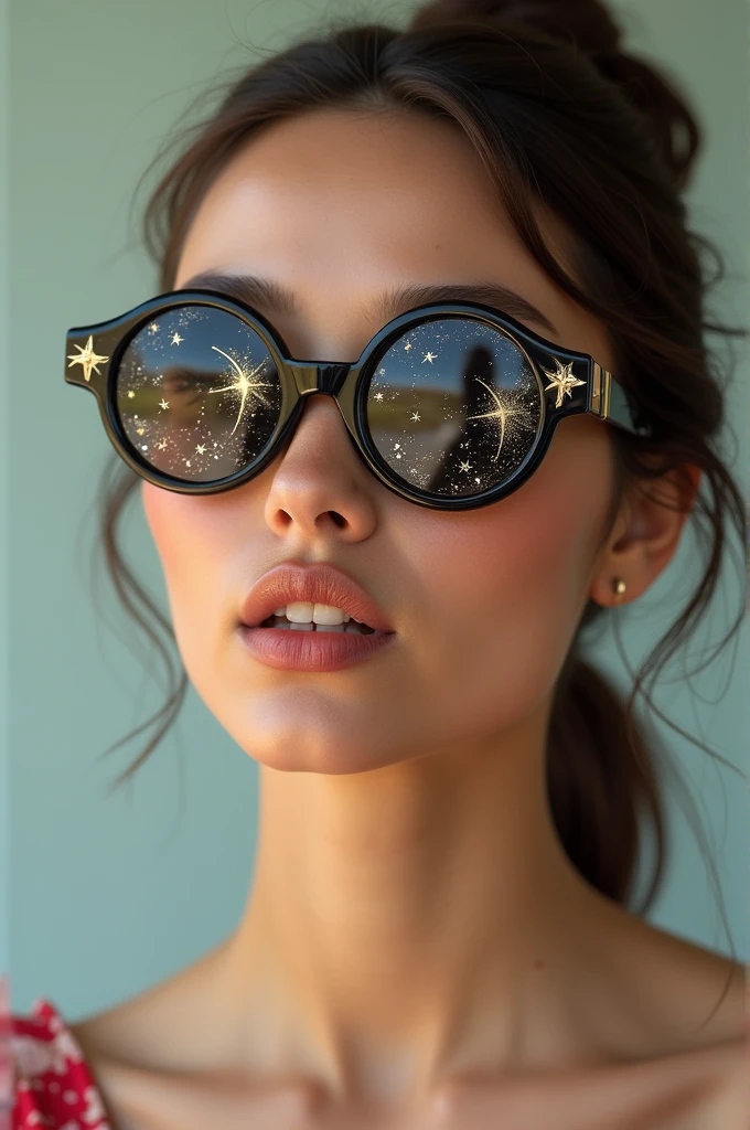 The model is wearing glass sunglasses with stars and the moon on the glass