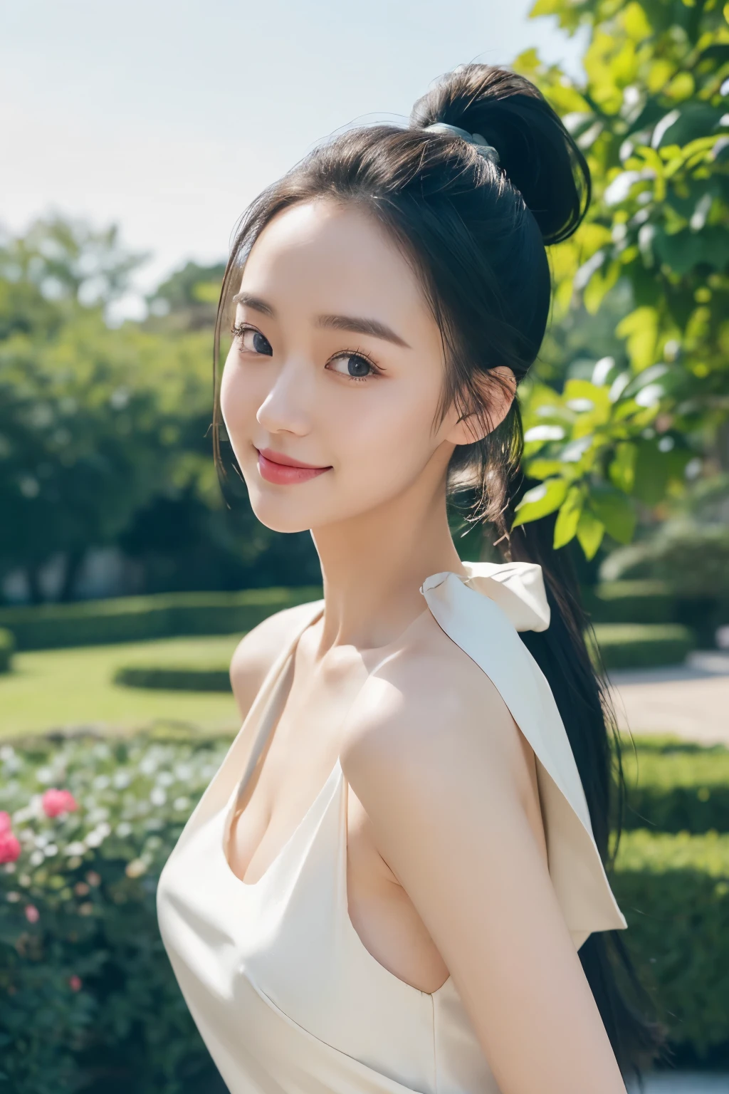 Top quality, 1 beautiful kawaii female model, japanese, front facing, High Ponytail, Wide forehead, Wide forehead, thin eyebrows, Gravure model's body type, Large bust, stylish, silk simple dress, high-quality clothing, wearing lux fashion, influencer, instagram, smiling, in the beautiful garden, 