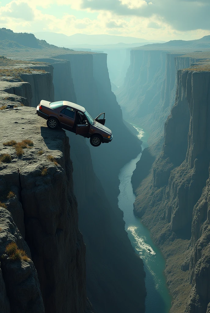 Help me with an image of a car with the doors open in perspective looking at a ravine