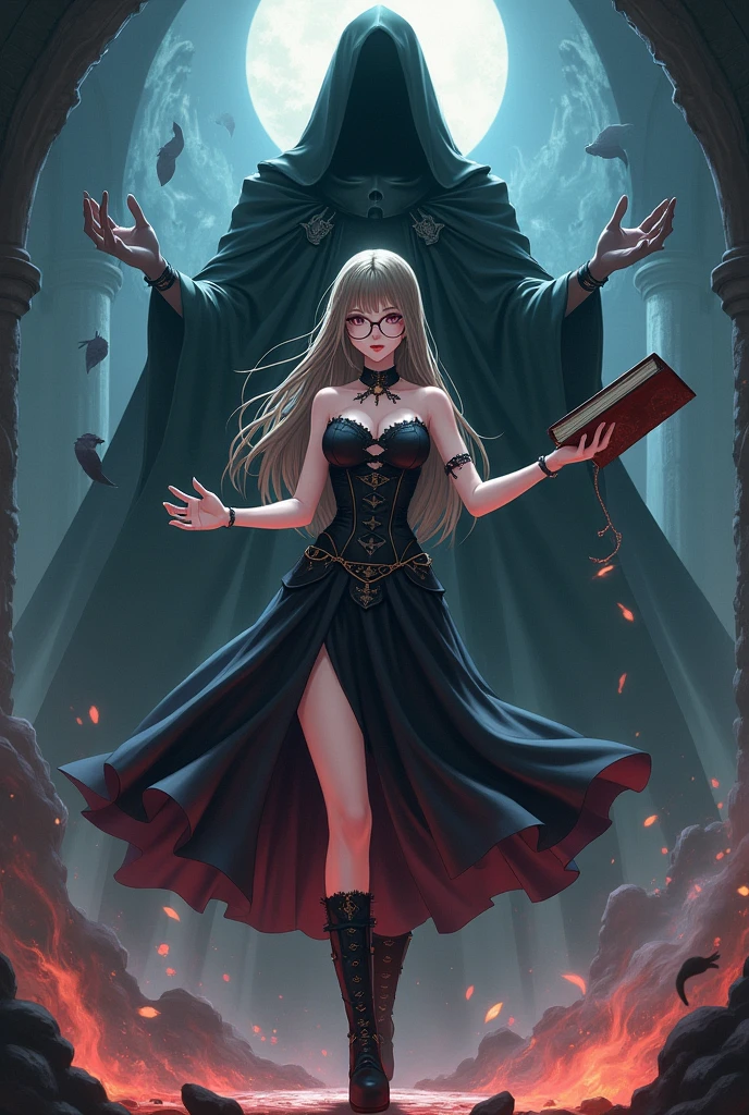 Caucasian female,long straight light brown hair with bangs, dark shaped eyes, round eyeglasses, with black corset, Black Skirt, above all, black socks and black boots, with leather book, casting magic alongside the God of Death, アニメ