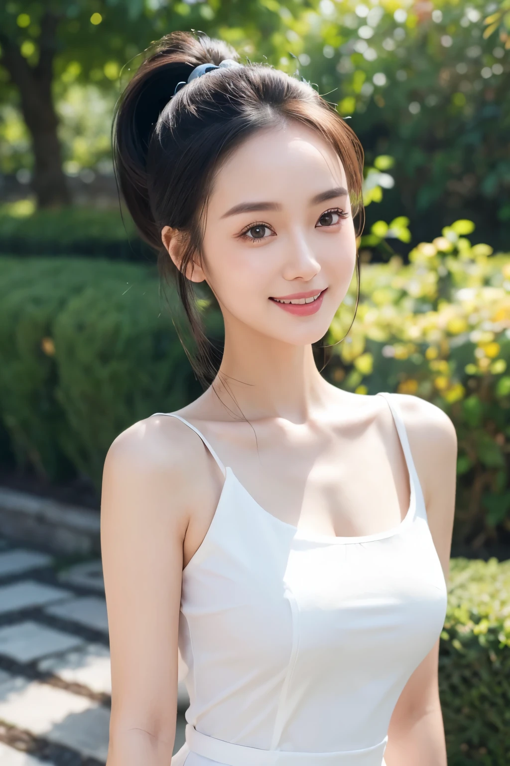 Top quality, 1 beautiful kawaii female model, japanese, front facing, High Ponytail, Wide forehead, Wide forehead, thin eyebrows, Gravure model's body type, Large bust, stylish, silk simple dress, high-quality clothing, wearing lux fashion, influencer, instagram, smiling, in the beautiful garden,