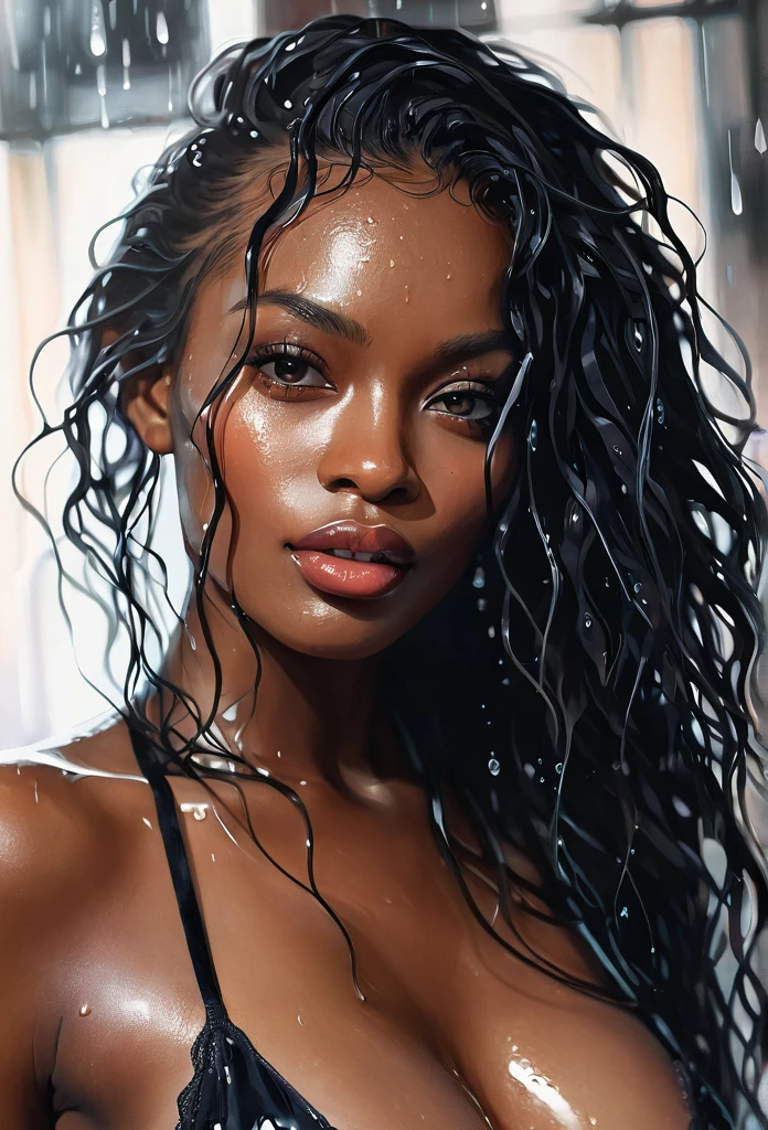 closeup of a Breathtaking hot prostitute posing seductively and provocatively, wearing a unbuttoned tight lingerie with long dynamic wet drenched hair , dark skin, perfect skin, black eyeliner , long eyelashes, soft skin, defined cheek bones, high cheek bones, round face, cheery, blushing, magic mist, digital painting, digital illustration, extreme detail, digital art, 4k, ultra hd, Anna Dittmann, greg rutkowski, alyssa monks, hyperrealism, trending on artstation, by Egon Schiele, gustave dore, david mann, vintage photography, beautiful, tumblr aesthetic, hd photography, hyperrealism