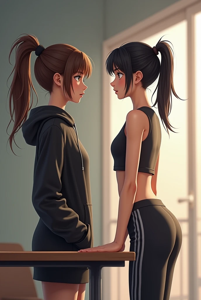 photorealism. The girl on the right stands with her back to the table, leaning her palms on it. ,in a tracksuit,Topics and losinah, European appearance with a surprised look on his face and loose black hair. The girl on the left is above ,than the girl on the right, thin and Asian looking,in a black tracksuit with his hands in his pockets. The girl on the left has an indifferent face and she has a brown high ponytail. 