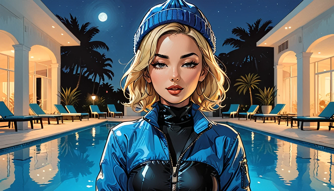 (((closed eyes))), ((open mouth)), (fullbody), night,palm, close-up portrait ((girl in Blue zipped up down winter jacket and black turtleneck )) and (jeans) and blue gloves and (((blue winter hat)))) in a lotus pose next to the pool at the white hotel with open mouth, white hotel, pool,  adult, [Nordic], Hourglass elongated fitness body, perfect Olive skin, Oval Face, Long neck, Rounded shoulders, perfect hand, Attached Pointed ears, round forehead, (Short blonde Waves pixie hair), snub nose, Arched eyebrows, ((closed Eyes)), High Round Narrow cheekbones, Dimpled Cheeks, Rounded Chin, Rounded Jawline, Full nude Lips, (closed eyes), Nude Makeup Look, long eyelashes,  graphic style of novel comics, perfect hands, 2d, 8k, hyperrealism, masterpiece, high resolution, best quality, ultra-detailed, super realistic, Hyperrealistic art, high-quality, ultra high res, highest detailed, lot of details, Extremely high-resolution details, incredibly lifelike, colourful, soft cinematic light,