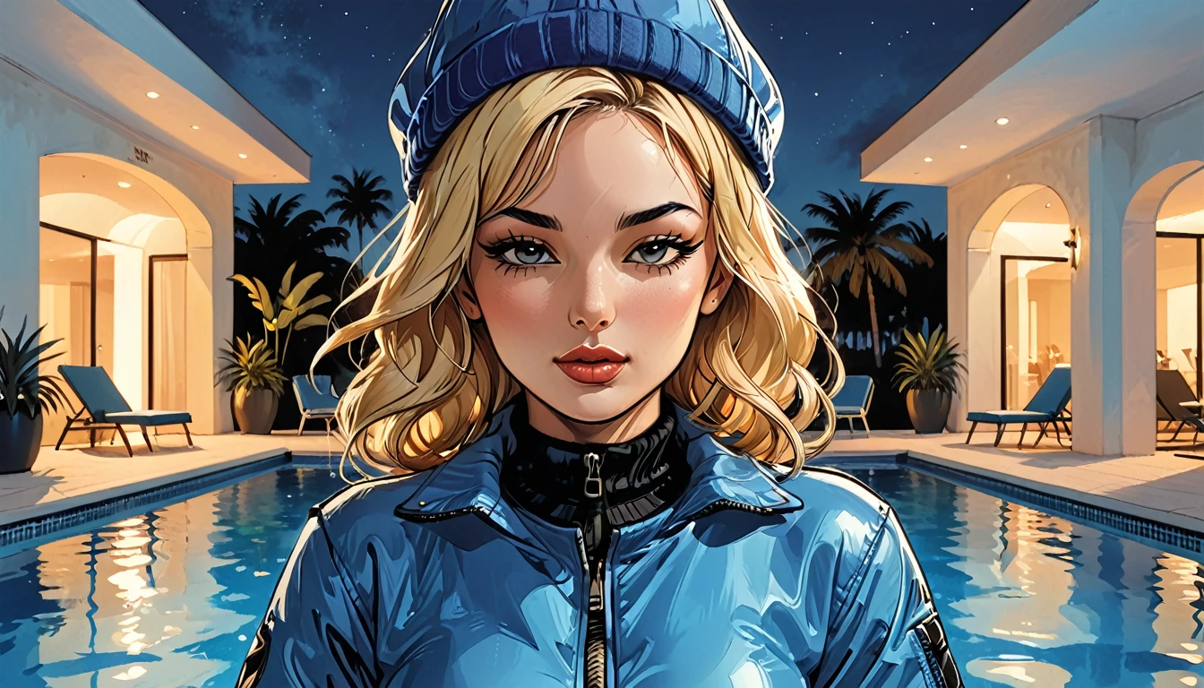 (((closed eyes))), ((open mouth)), (fullbody), night,palm, close-up portrait ((girl in Blue zipped up down winter jacket and black turtleneck )) and (jeans) and blue gloves and (((blue winter hat)))) in a lotus pose next to the pool at the white hotel with open mouth, white hotel, pool,  adult, [Nordic], Hourglass elongated fitness body, perfect Olive skin, Oval Face, Long neck, Rounded shoulders, perfect hand, Attached Pointed ears, round forehead, (Short blonde Waves pixie hair), snub nose, Arched eyebrows, ((closed Eyes)), High Round Narrow cheekbones, Dimpled Cheeks, Rounded Chin, Rounded Jawline, Full nude Lips, (closed eyes), Nude Makeup Look, long eyelashes,  graphic style of novel comics, perfect hands, 2d, 8k, hyperrealism, masterpiece, high resolution, best quality, ultra-detailed, super realistic, Hyperrealistic art, high-quality, ultra high res, highest detailed, lot of details, Extremely high-resolution details, incredibly lifelike, colourful, soft cinematic light,