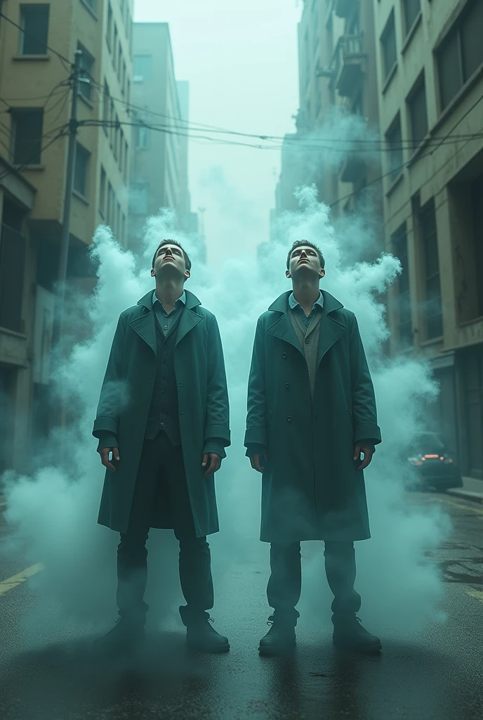 Young guys Peter and parker two dead detectives stand in street and lot of souls around them