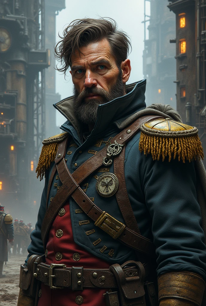 Rough Napoleonic Veteran. Short beard. Dark Brown hair. messy haircut. blue eyes. Fancy but dirty Uniform. Dieselpunk. Dark Sci-fi. Warhammer 40k. Gothic aesthetics. Oil painting