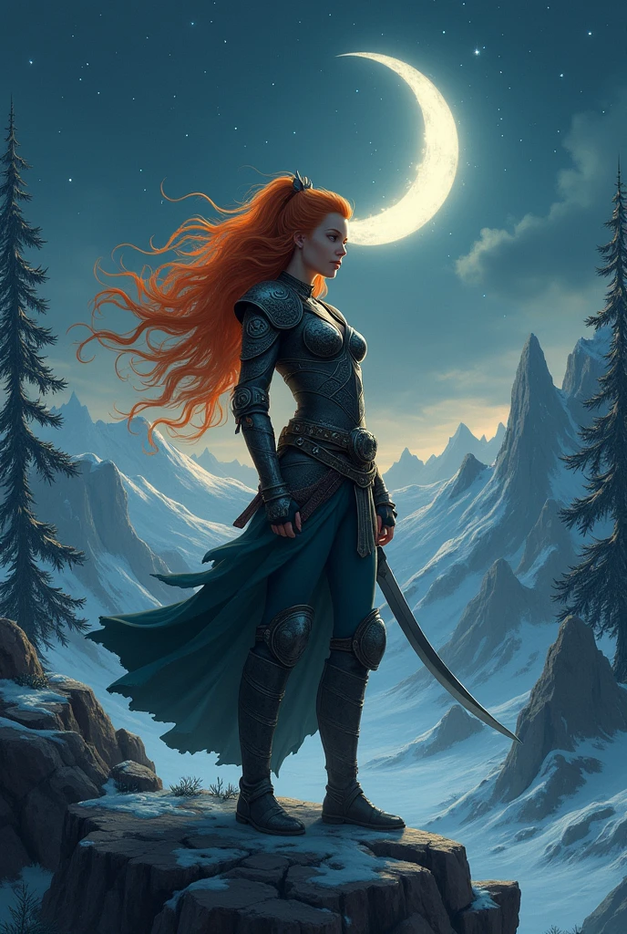 Orange haired viking girl under the crescent moon.