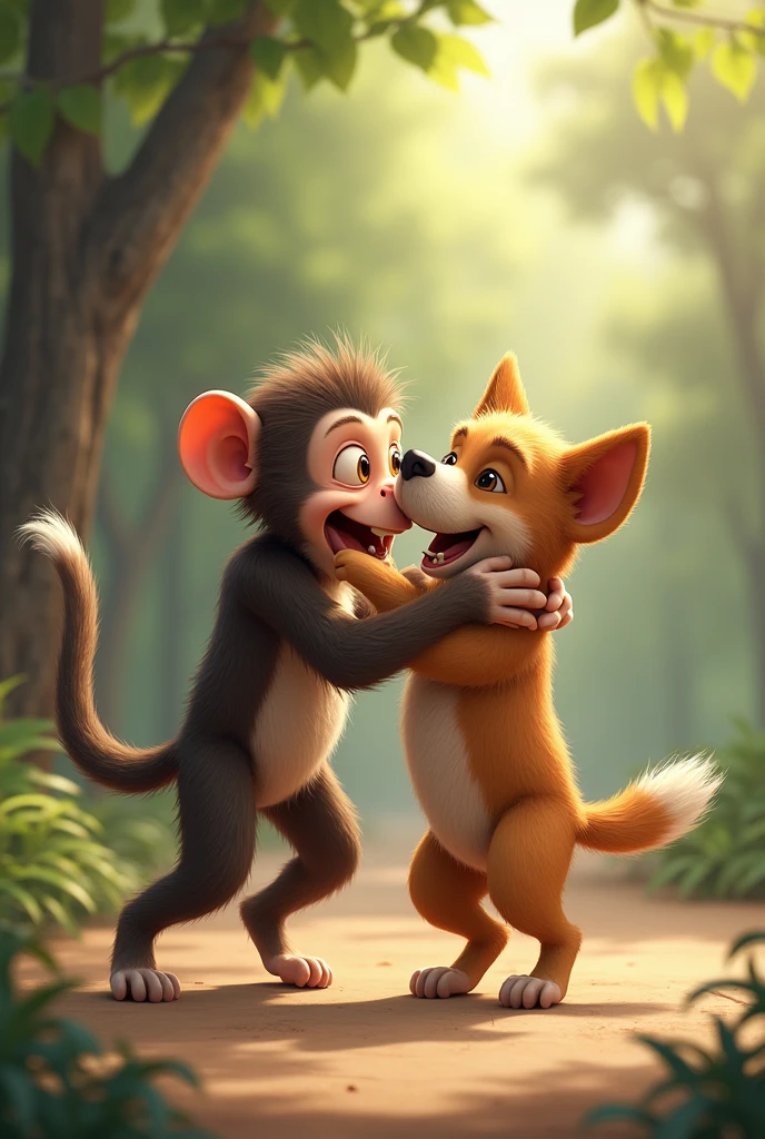 Monkey play with dog like a realistic