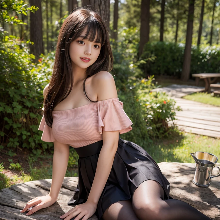 long skirt,skirt,Wearing a pink pleated skirt, Wear black stockings,(knee shot), 1 woman, On the face, laughing out loud, light brown hair, blunt bangs, hair behind ears, Hair over the shoulders, long hair, Slender body type, Super thin face, face slimming, delicate lips, beautiful eyes, Thin blush, Eyes are light brown,Check it out here, (realistic:1.3), Coniferous forest, One person's perspective, 8k, On the table, , Super detailed, high quality, best quality, High resolution, ，Large Breasts，H CUP, off -shoulder top，21 years old