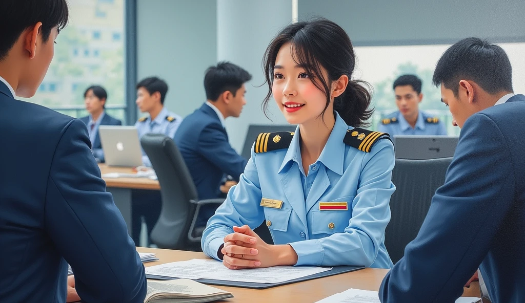 A stunning oil painting of a scene beautifully portraying, In a bustling government office, a young beautiful Korean woman, newly appointed as a government officer, in her crisp official uniform. Surrounded by her colleagues, she engages in discussion, her expression a blend of enthusiasm and determination. Her uniform, neatly pressed and adorned with insignia, symbolizes her new role. The office environment is busy, with papers and computers scattered across desks, highlighting the dynamic and professional atmosphere as she integrates into her new position. The painting exhibits a dream-like, impressionistic style, with visible brushstrokes that create a sense of depth and texture. The color palette primarily consists of light blue, greys, and blacks, evoking a enthusiastic atmosphere. wide shot view. talking to her colleagues