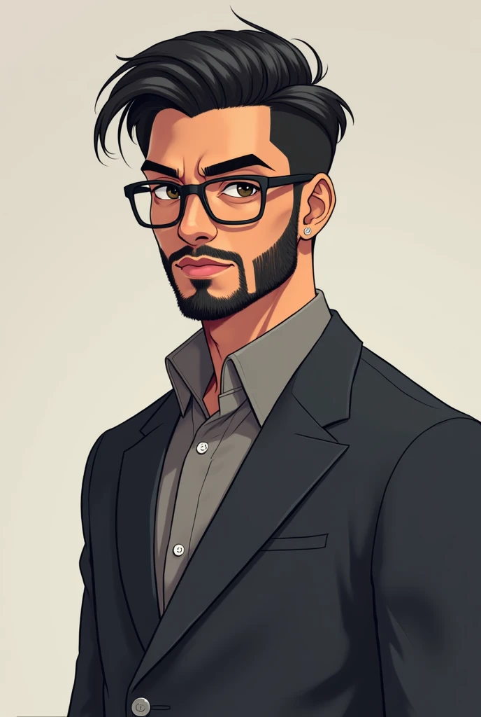 "Create an anime-style character design of a young man named Caio. He stands at 1.80m tall with an athletic but average build. His skin is a warm medium brown tone. He has short, neatly styled black hair, combed to the side in a classic, professional look with a subtle, smooth top. Caio wears black, rectangular glasses with a modern, subtle frame. His face is framed by a well-groomed, full beard that complements his sharp, anime-style facial features. The character design should emphasize clean lines and a slightly exaggerated anime aesthetic, with a focus on his sleek, professional hairstyle."