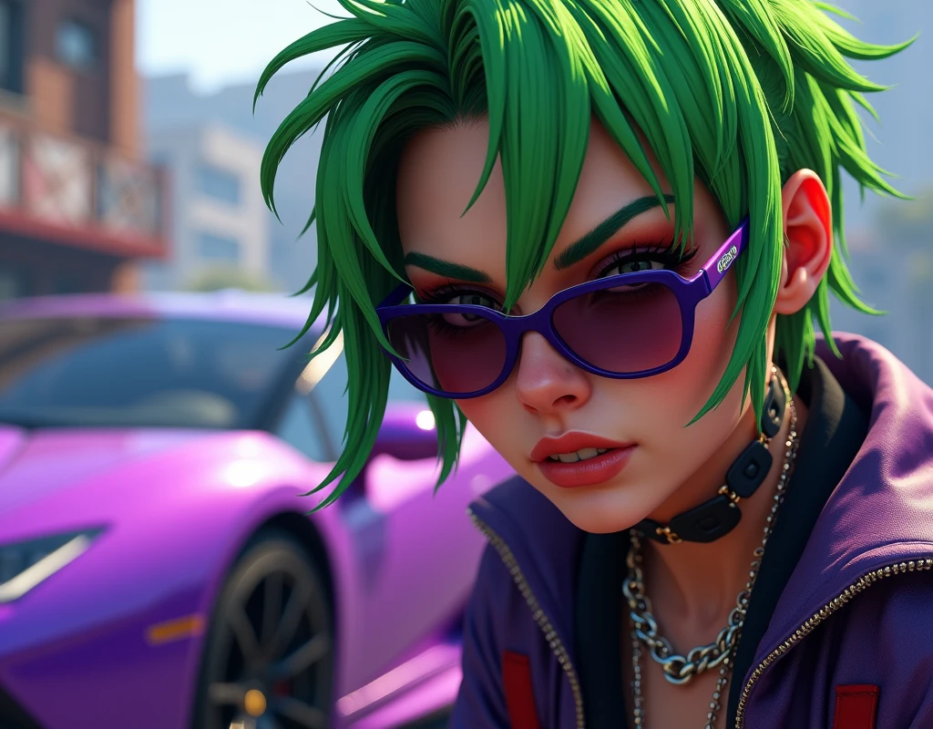 a close up of a person with green hair and sunglasses, style of gta v, as a character from gtav, gta5 style, gta v style, gta character, jerma985 as the joker, as the protagonist of gta 5, gta 6 style, ! split hair dye!, gta v character, gta 5 skin tone, gta v street style the sports car in back ground which color is purple and half body pic
half body picture and car is in front